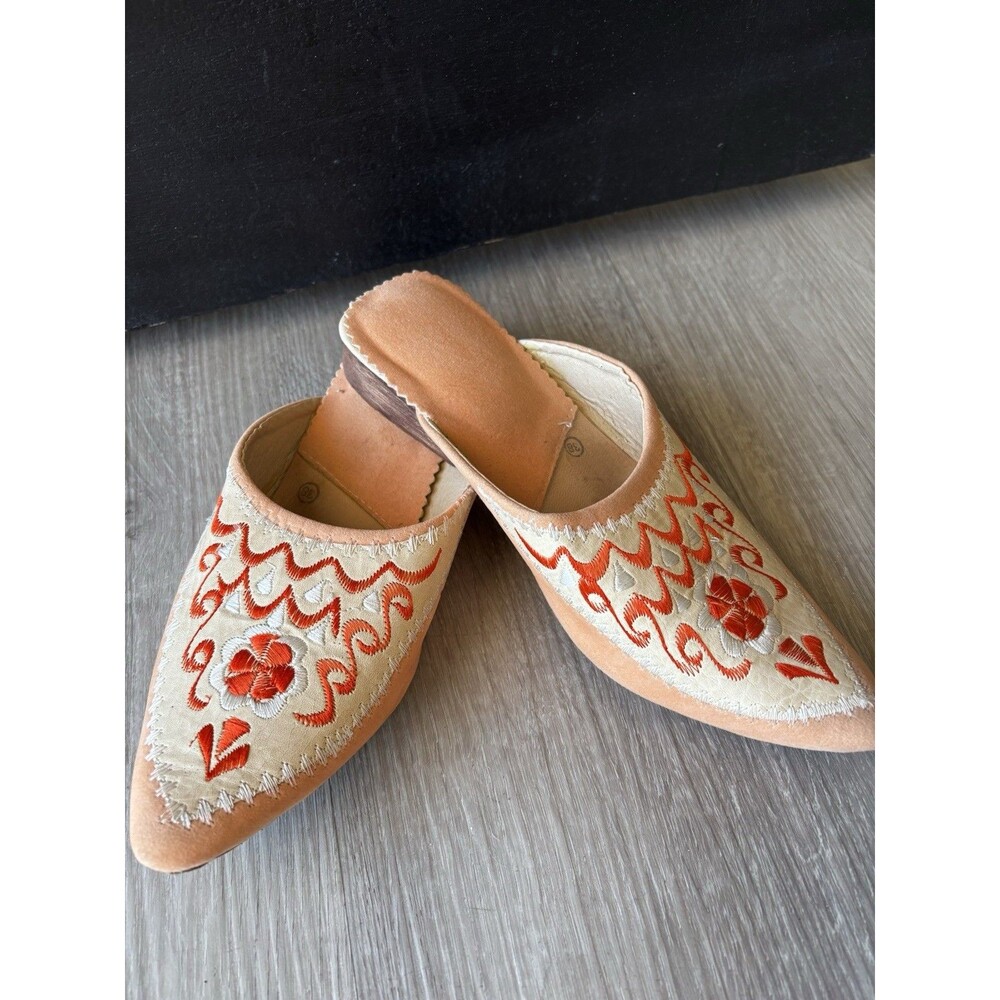 Moroccan babouche Embroidered mules slippers Slip Ons Peach Orange Boho Leather